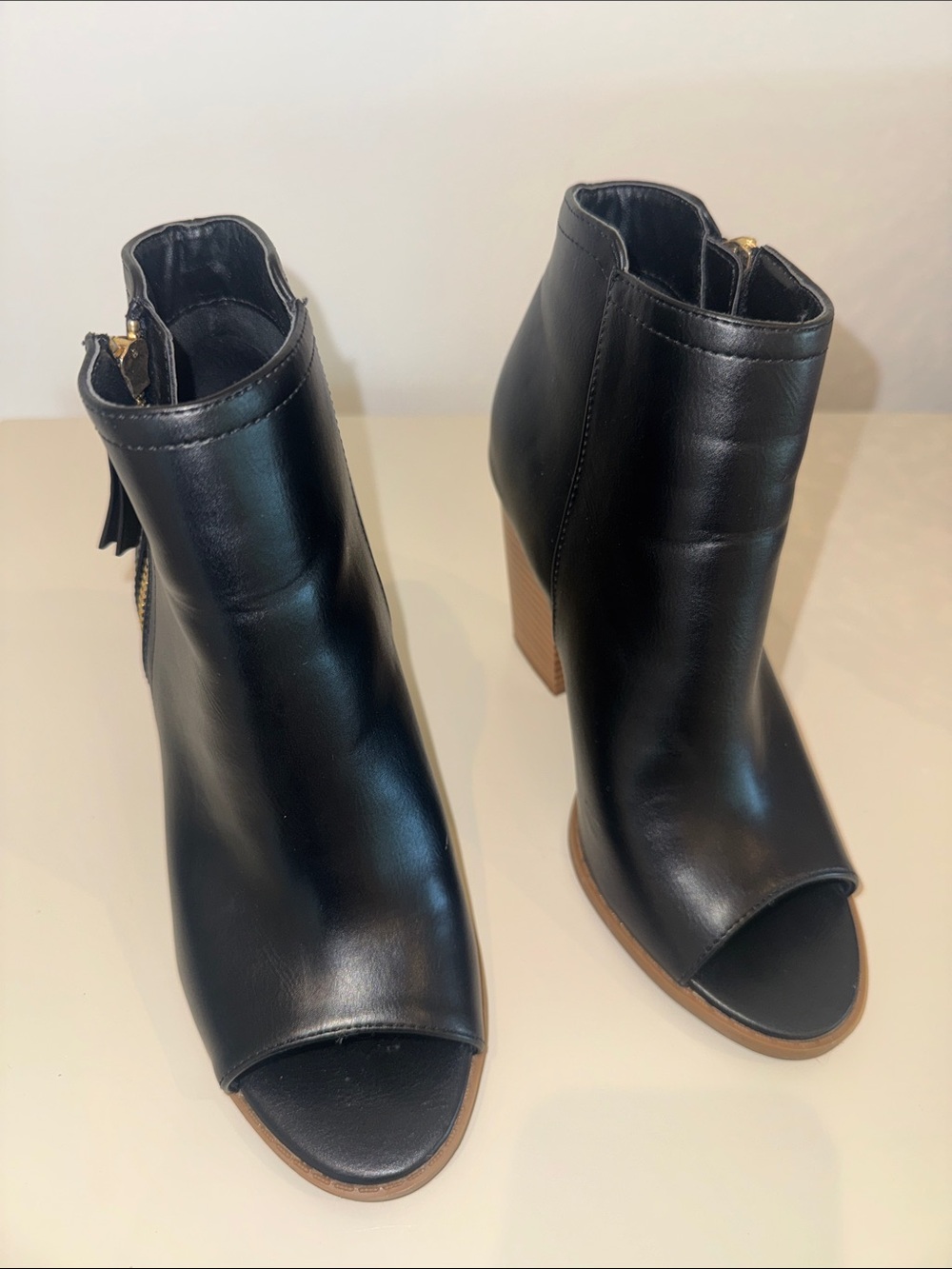 Qupid Black Peep Toe Block Heel Ankle Boots